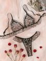 Ditsy Floral Embroidery Mesh Bow Front Lingerie Set