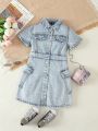 Girls' (Little) Casual And Comfortable Workwear Denim Overall Dress With Pockets