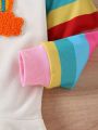 Toddler Girls' Rainbow Color Block Hooded Long Sleeve Embroidery Detail Dress For Fall/winter