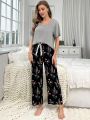 Color Block Floral Print Bowknot Short Sleeve And Long Pants Pajamas Set For Women's Homewear