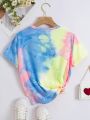 Tween Girls' Casual Simple Tie-Dye Heart Pattern Short Sleeve Round Neck T-Shirt, Suitable For Summer