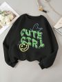 Teen Girl Cartoon & Slogan Graphic Thermal Lined Sweatshirt