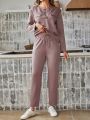 SHEIN LUNE Women's Solid Color Round Neck Long Sleeve Top And Long Pants 2pcs Set