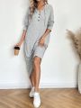 SHEIN LUNE Button Front Hooded Drawstring Waist Long Sleeve Casual Dress