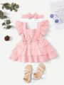 SHEIN Baby Girl's Cute Suspender Dress With Bow Decoration And Ruffle Hem