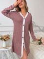 Contrast Trim Button Front Home Robe With Rolled Cuffs