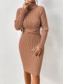 SHEIN Privé Turtleneck Raglan Sleeve Twist Front Ribbed Knit Bodycon Sweater Dress