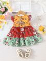Baby Floral Print Colorblock Ruffle Trim Dress