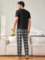 Men'S Solid Color T-Shirt And Plaid Pants Homewear Set