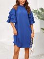 Ruffle-Trimmed Mesh Splice One-Shoulder Dress