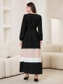 SHEIN Mulvari Women's Arabian Style Long Sleeve Round Neck Splice Skirt Hem Dress
