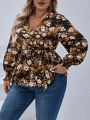 SHEIN VCAY Women'S Plus Size Floral Print V-Neck Blouse With Shirred Cuffs