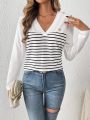 SHEIN Frenchy Women's Striped V-neck T-shirt