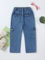 Little Girls' Trendy & Streetwear Style Sporty & Casual Straight Leg Jeans With Large Pockets