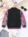 Girls casual and fashionable leopard print coral velvet contrast embroidered baseball collar long-sleeved jacket suitable for winter