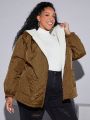 SHEIN CURVE+ Plus Dual Pocket Fuzzy Lined Hooded Quilted Coat