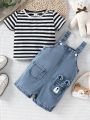 Baby Boy Striped Round Neck Short Sleeve Top And Water-Washed Denim Overalls With Pockets Set
