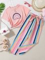 SHEIN Kids EVRYDAY Girls Rainbow & Letter Graphic Tee & Block Striped Belted Pants