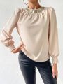 SHEIN Essnce Women's Sequin Patchwork Round Neckline Shirred Cuff Blouse