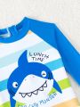 Baby Boy Cute Shark Pattern Printed One-Piece Swimsuit With Hat, Summer Sun Protection