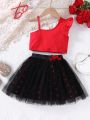 SHEIN Kids FANZEY Young Girls' Romantic Ladylike Solid Color Asymmetrical Neckline Top With Heart Print Tulle Skirt Set