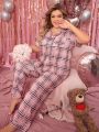 Plus Size Women'S Plaid Short Sleeve Shirt And Long Pants Pajama Set