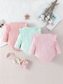 Baby Girls' 3pcs Lotus Edge Design Ribbed Rompers Home Outfits
