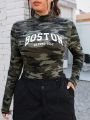 SHEIN Coolane Plus Size Camo & Letter Graphic Mock Neck Crop Tee