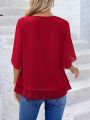 Round Neck Semi-Transparent Fabric Color Block Puff Sleeve Shirt