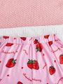 SHEIN Kids QTFun Girls' Knitted Letter Cute Strawberry Pattern Casual Shorts