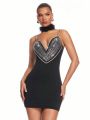 SHEIN BAE Ladies Gorgeous Heart-Shaped Rhinestone Embellished Tight Suspender Dress