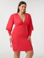 MOCHEI Plus Plunging Neck Drawstring Sleeve Bodycon Dress