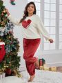 Plus Christmas Heart Embroidery Drop Shoulder Flannel PJ Set