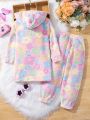SHEIN Kids EVRYDAY Young Girl Heart Pattern Hooded Coat & Pants Without Tee