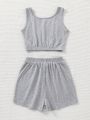 SHEIN Kids Cooltwn Tween Girls' Everyday Casual Knitted Sleeveless Vest And Shorts Set