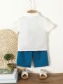 2pcs Baby Boy Casual Blue Printed Short-Sleeved Shirt And Shorts Summer Outfit