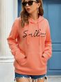 Hooded Drawstring Kangaroo Pocket Sweatshirt With Letter Graphic