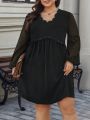 SHEIN Frenchy Plus Size Lantern Sleeve Dress With Mesh And Scalloped Edge