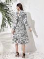 SHEIN Privé Flower Print Hollow Out Stand Collar Long Sleeve Dress