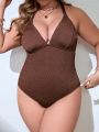 SHEIN Swim Basics Plus Size Deep V-Neck Crisscross Back One-Piece Swimsuit