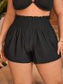 SHEIN Swim Basics Women'S Plus Size Solid Color Ruffle Trim Decoration Elastic Waist Shorts Swimwear Bottoms