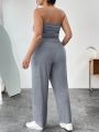 SHEIN Essnce Women's Plus Size Solid Color Pleated Button Front Bustier Top And Straight Pants Two Piece Suit