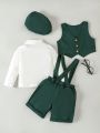 Baby Boys' Butterfly Collar Shirt, Button Up Vest, Suit Jacket, Suspenders Shorts, And Hat Set