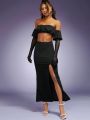 Asavvy Off Shoulder Ruffle Trim Crop Top & Split Thigh Skirt