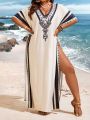 SHEIN Swim Vcay Plus Size V-Neck Printed Long Beach Cover Up