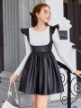 Teen Girl Solid Tee & Ruffle Trim PU Leather Overall Dress