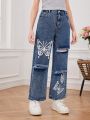 Teenage Girls' Butterfly Print Distressed Loose Fit Straight Leg Jeans