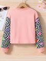 SHEIN Tween Girl Checkerboard & Floral Print Drop Shoulder Sweatshirt