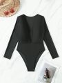 SHEIN Swim BAE Deep V-Neck Long Sleeve One-Piece Swimsuit