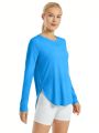 Women's Split Hem Sun Protection Long Sleeve T-shirt With Collar/blue